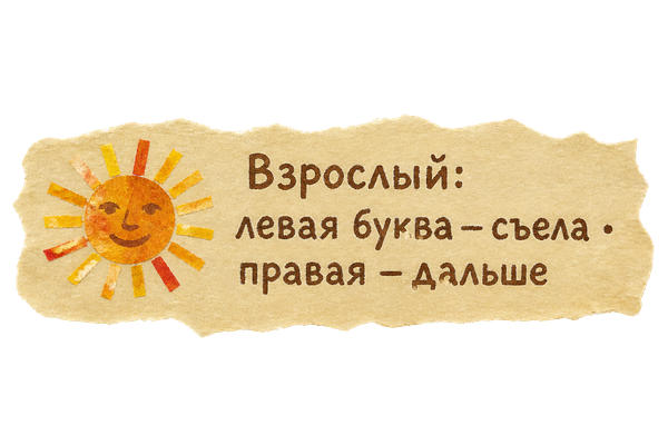 Взрослый: левая буква — съела · правая — дальше